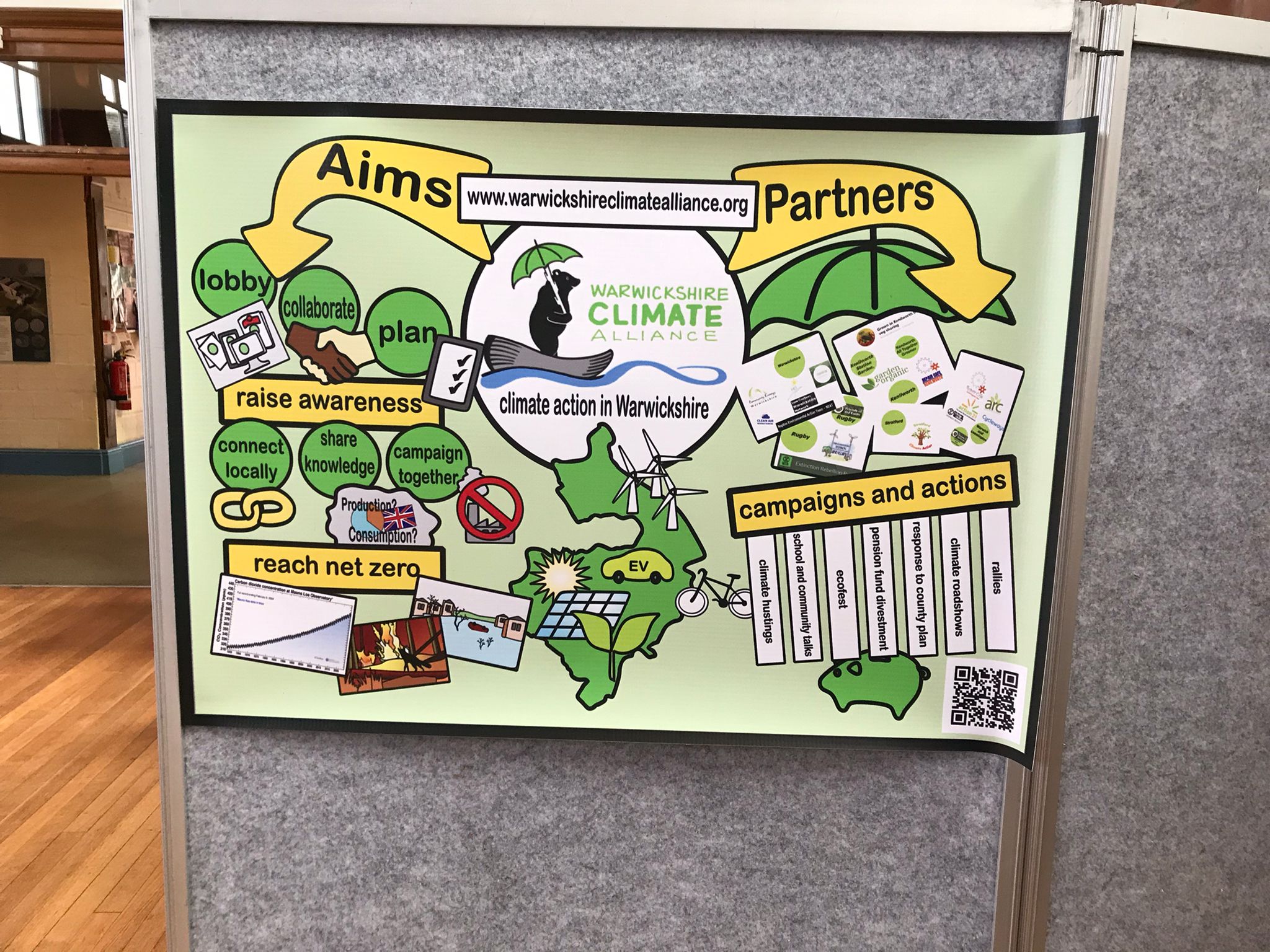 A poster shows the aims and partners of the Warwickshire Climate Alliance. 